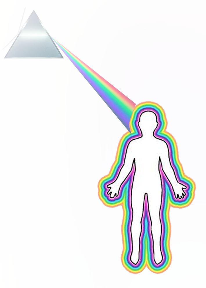 A prism splitting light into the colour spectrum, surrounding a human figure with a rainbow aura